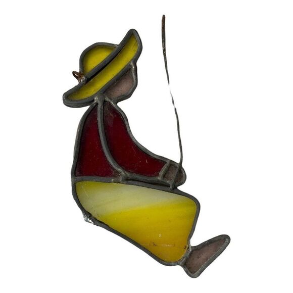 Vintage Stained Glass Hanging SunCatcher Ornament BOHO Man Woman w/ Fishing Pole - Picture 1 of 4